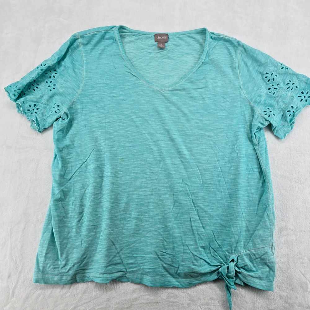 Chico's Top Womens 3 Tee Teal Eyelet‎ Sleeve Side Tie V-Neck Slub Cotton 6759